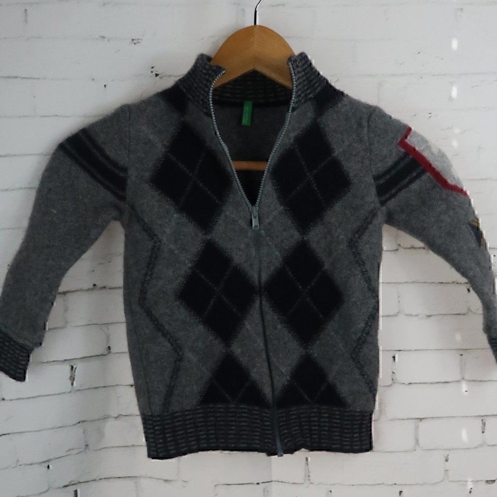UNITED COLORS OF BENETTON GREY BLACK ARGYLE LONG SLEEVE FULL ZIP WOOL SWEATER